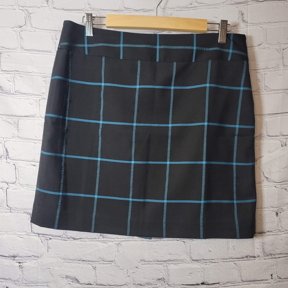 Ann Taylor LOFT Petites Black Teal Plaid Windowpane‎ Pencil Skirt 10P Stretch
